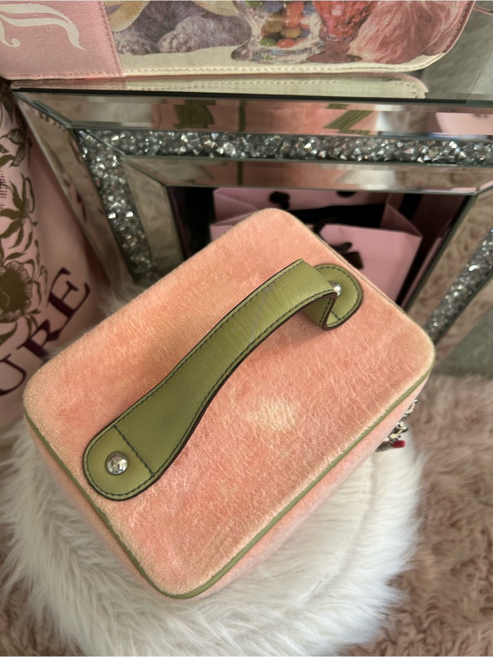 Vintage Juicy Couture Pink Velour Green Logo Train Case Matching Jewelry Case - Picture 6 of 13